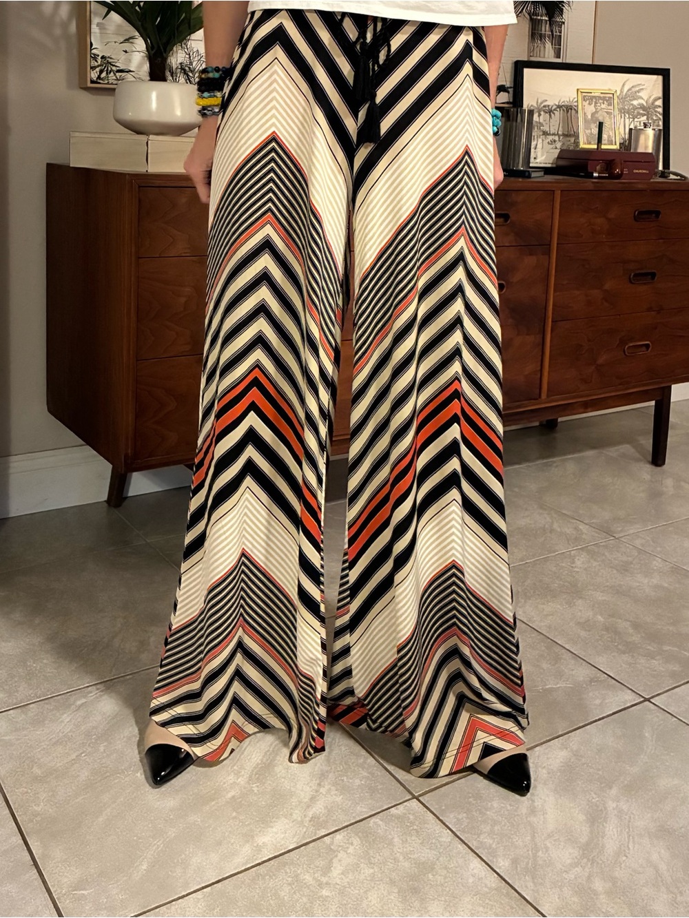 new directions Chevron Wide Leg Pants in Cream, Black & Orange